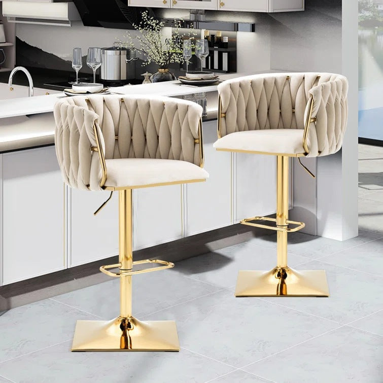 Modern Luxury Velvet Bar Stool with Metal Frame, Oval Cushioned Seat (Lift-Up), Backrest, Footrest, and Swivel – Ideal for Kitchen