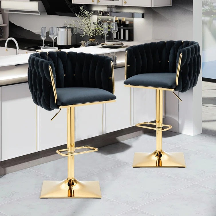 Modern Luxury Velvet Bar Stool with Metal Frame, Oval Cushioned Seat (Lift-Up), Backrest, Footrest, and Swivel – Ideal for Kitchen
