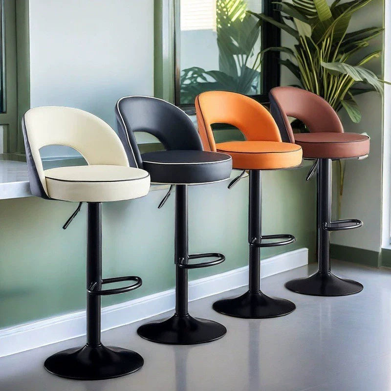 Modern Minimalist Faux Leather Bar Stool with Metal Frame, Round Liftable Seat, Backrest, Footrest, and Swivel – for Kitchen