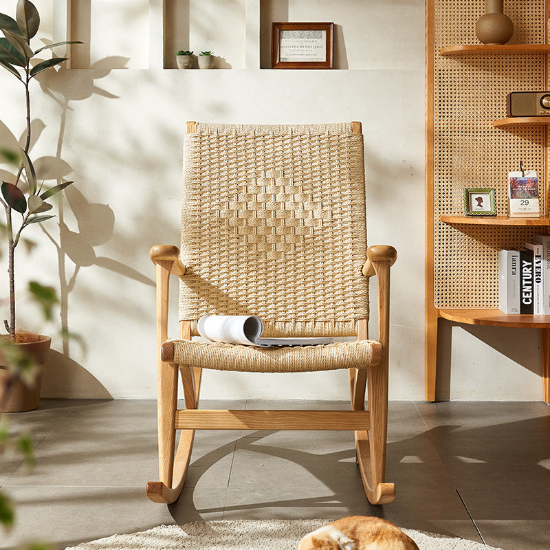 Traditional Japanese Weaving Ash Wood & Rattan Rectangular Rocking Chair with Recliner, Armrest & Footstool for Living Room