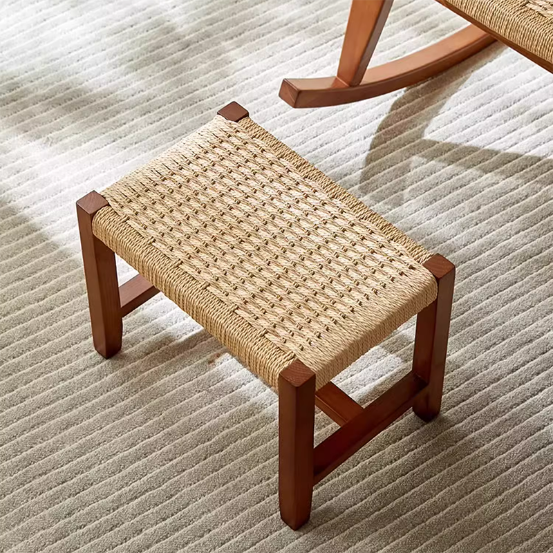 Traditional Japanese Weaving Ash Wood & Rattan Rectangular Rocking Chair with Recliner, Armrest & Footstool for Living Room