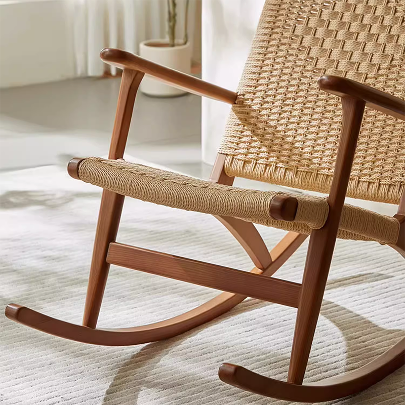 Traditional Japanese Weaving Ash Wood & Rattan Rectangular Rocking Chair with Recliner, Armrest & Footstool for Living Room