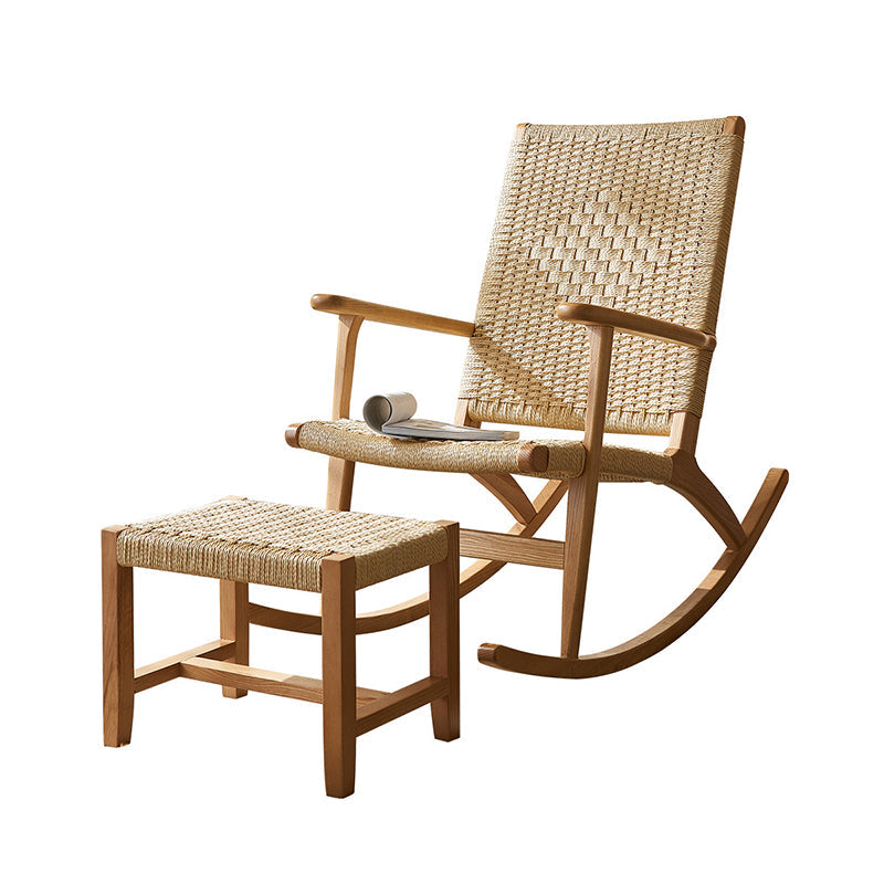Traditional Japanese Weaving Ash Wood & Rattan Rectangular Rocking Chair with Recliner, Armrest & Footstool for Living Room