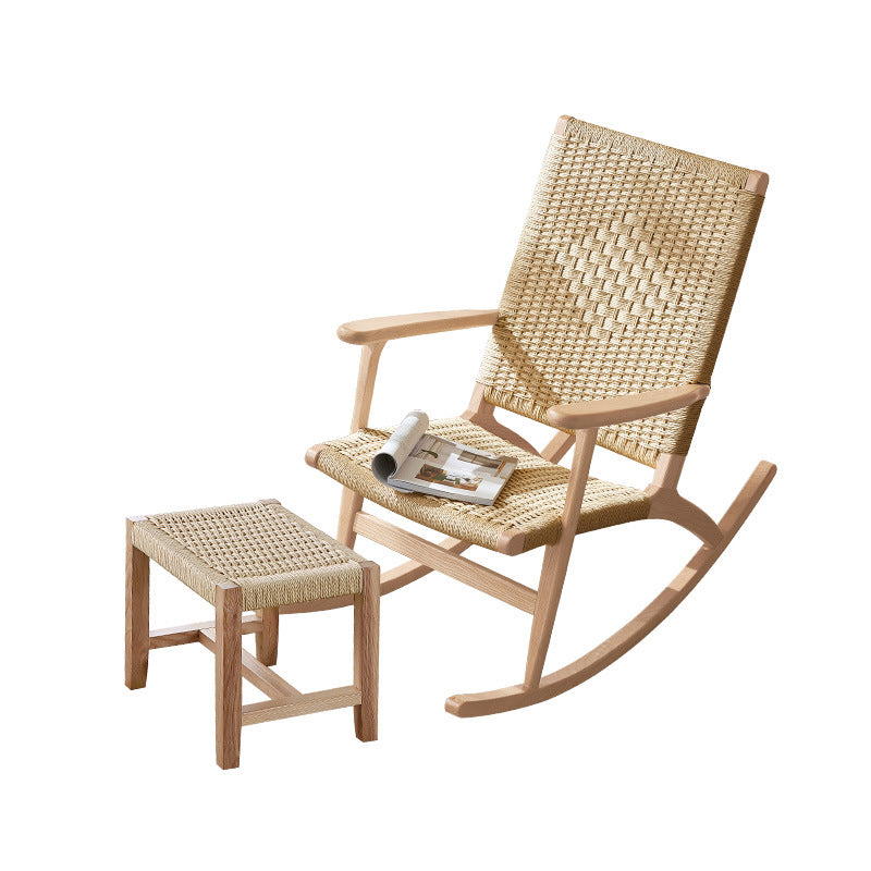 Traditional Japanese Weaving Ash Wood & Rattan Rectangular Rocking Chair with Recliner, Armrest & Footstool for Living Room