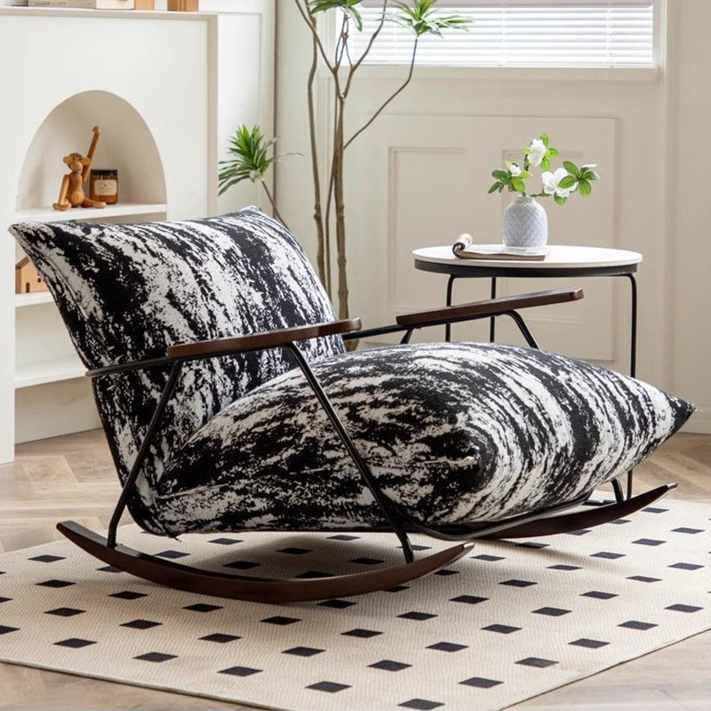 Traditional French Fabric Rocking Chair with Iron Sponge Square Ink Painting, Recliner with Footrest and Armrest for Living Room
