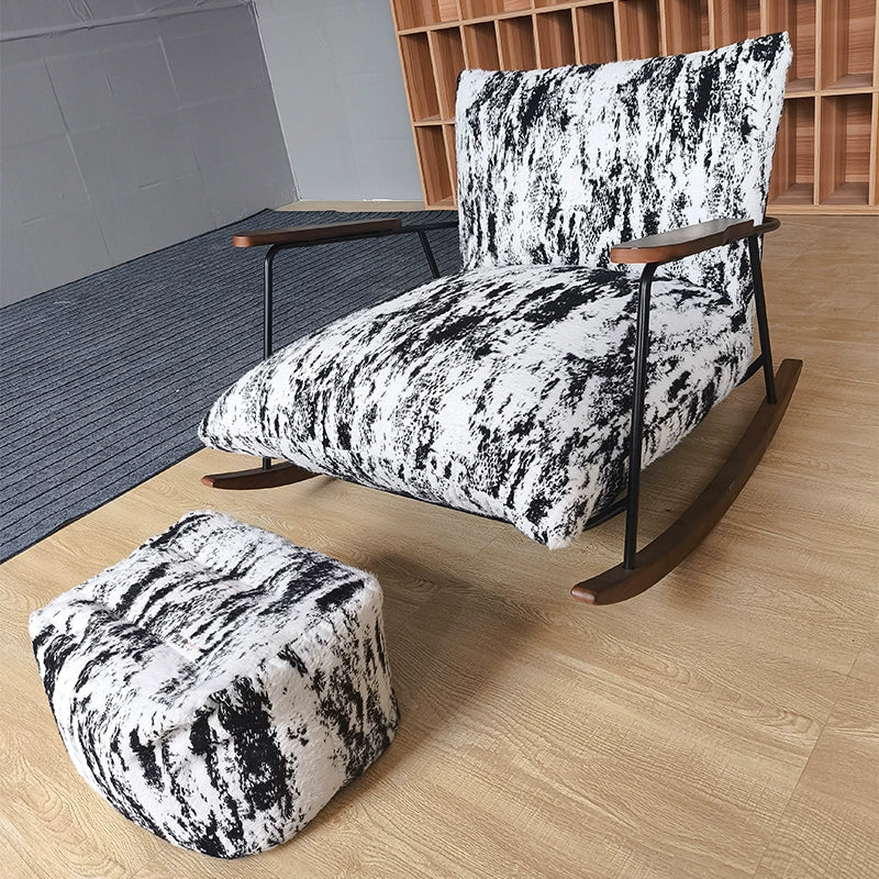 Traditional French Fabric Rocking Chair with Iron Sponge Square Ink Painting, Recliner with Footrest and Armrest for Living Room