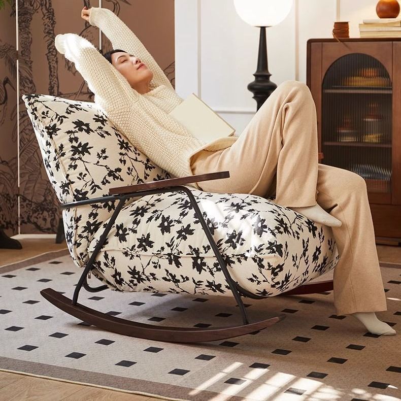 Traditional French Fabric Rocking Chair with Iron Sponge Square Ink Painting, Recliner with Footrest and Armrest for Living Room
