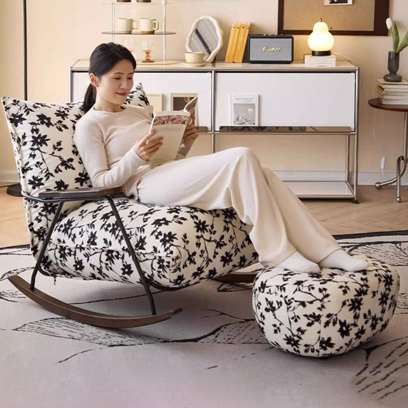 Traditional French Fabric Rocking Chair with Iron Sponge Square Ink Painting, Recliner with Footrest and Armrest for Living Room