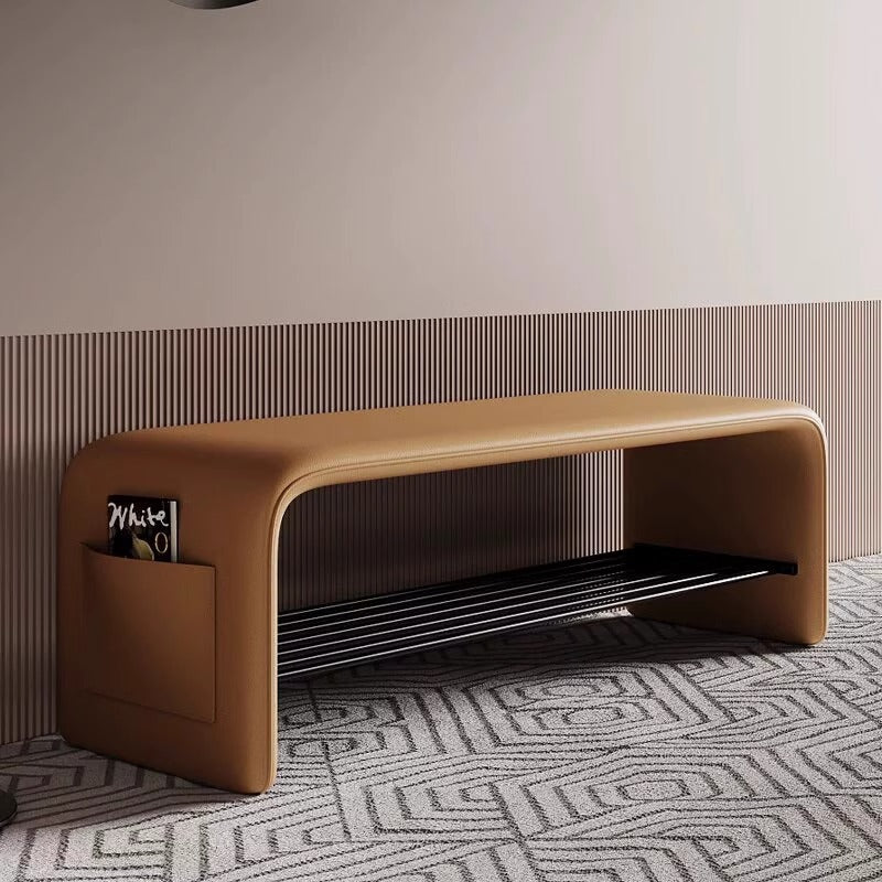 Modern Simplicity Eco-Friendly Synthetic Leather & Carbon Steel 2-Tier Rectangular Shoe Shelf Bench for Entryway