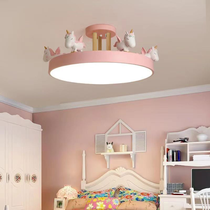 Contemporary Unicorn Round LED Ceiling Light – Creative Resin, Iron, Acrylic & Wood, Semi-Flush Mount for Bedroom