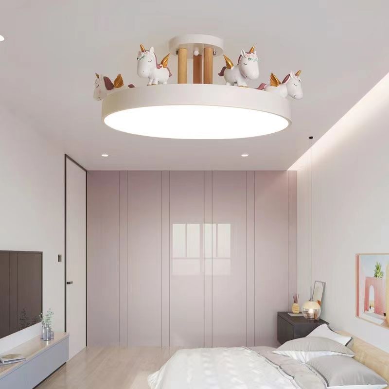 Contemporary Unicorn Round LED Ceiling Light – Creative Resin, Iron, Acrylic & Wood, Semi-Flush Mount for Bedroom