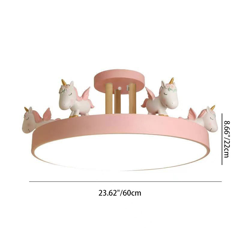 Contemporary Unicorn Round LED Ceiling Light – Creative Resin, Iron, Acrylic & Wood, Semi-Flush Mount for Bedroom