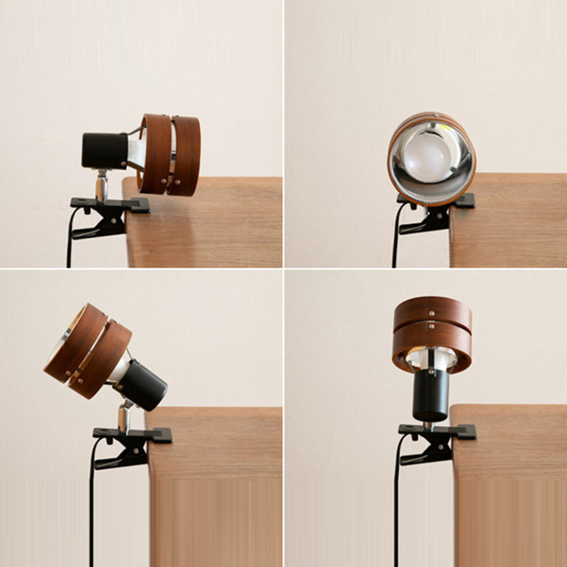 Traditional Japanese Round Clip-On Table Lamp – Wood, Iron & Acrylic, 1-Light for Bedroom
