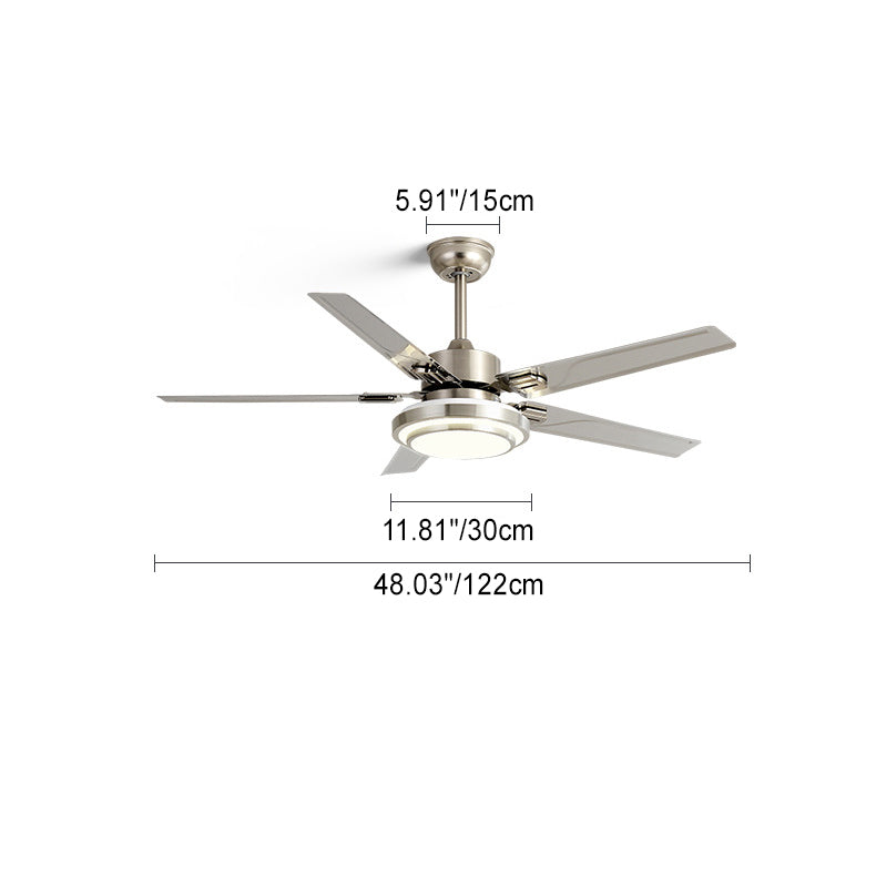 Contemporary Industrial Ceiling Fan with Iron Blades and LED Light — Downrod Mount for Living Room