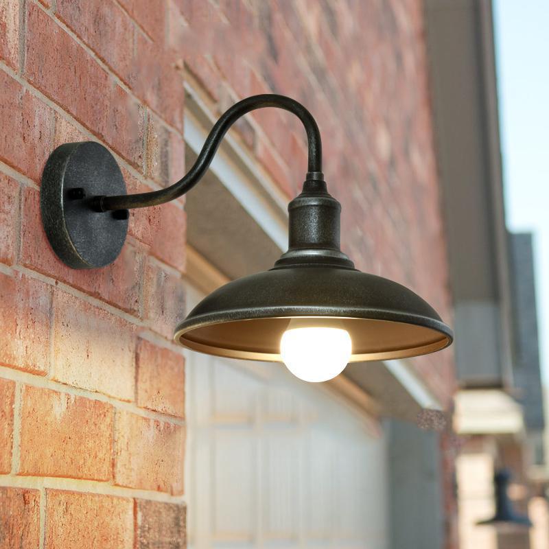 Contemporary Industrial Round Pot-Lid Style Wall Sconce - 1-Light Outdoor Patio Lamp with Curved Rod Iron Shade