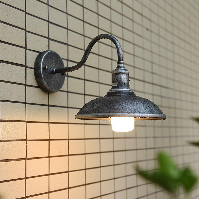 Contemporary Industrial Round Pot-Lid Style Wall Sconce - 1-Light Outdoor Patio Lamp with Curved Rod Iron Shade