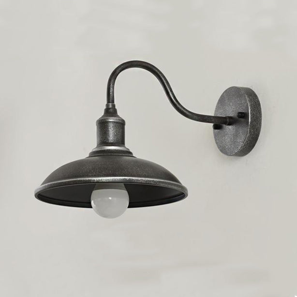 Contemporary Industrial Round Pot-Lid Style Wall Sconce - 1-Light Outdoor Patio Lamp with Curved Rod Iron Shade
