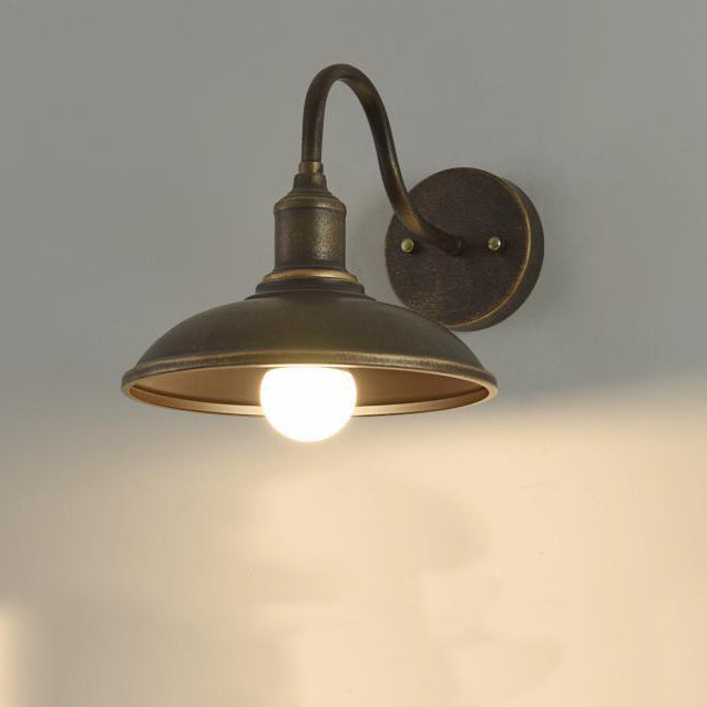 Contemporary Industrial Round Pot-Lid Style Wall Sconce - 1-Light Outdoor Patio Lamp with Curved Rod Iron Shade