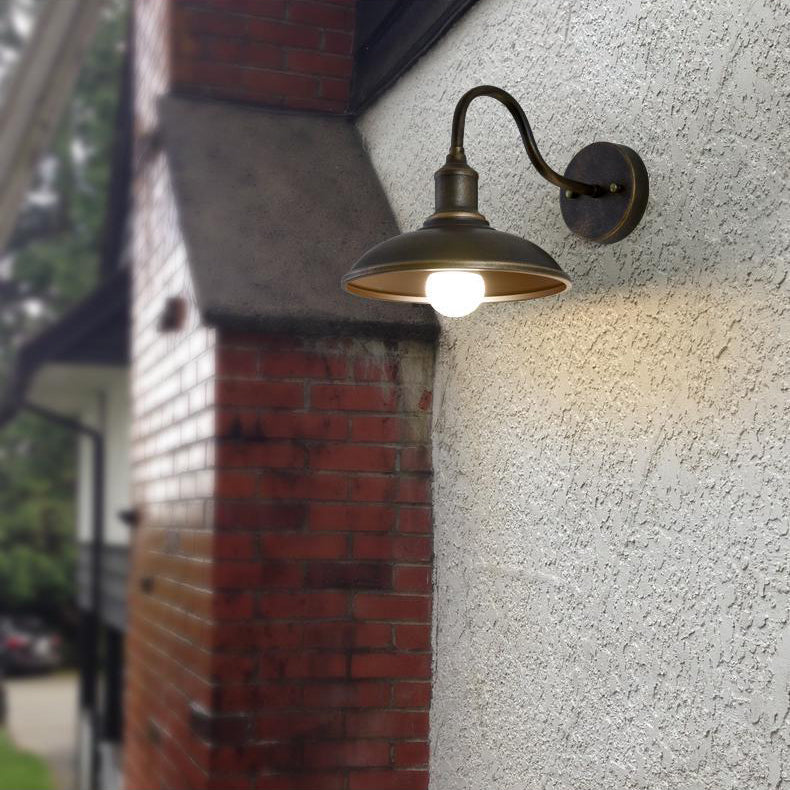 Contemporary Industrial Round Pot-Lid Style Wall Sconce - 1-Light Outdoor Patio Lamp with Curved Rod Iron Shade