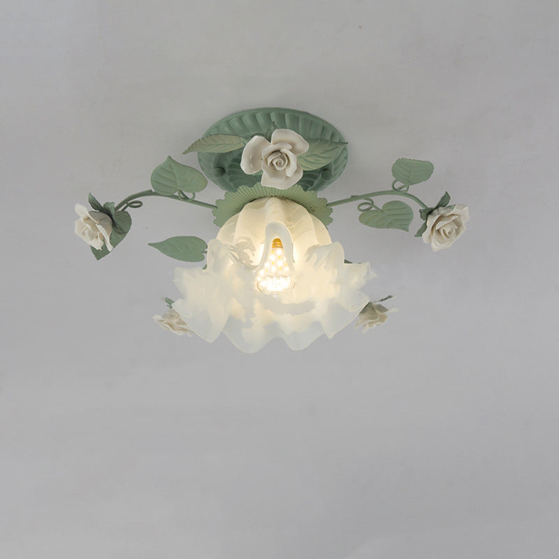 Traditional French Bellflower Leaf Iron & Ceramic Glass Shade 1-Light Semi-Flush Mount Ceiling Light for Living Room