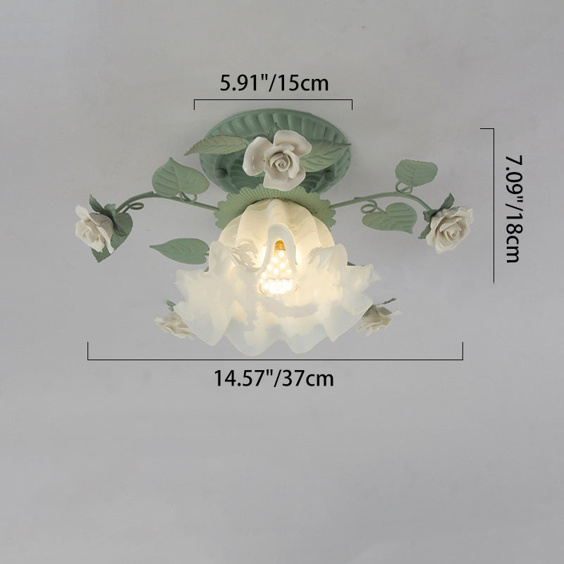 Traditional French Bellflower Leaf Iron & Ceramic Glass Shade 1-Light Semi-Flush Mount Ceiling Light for Living Room