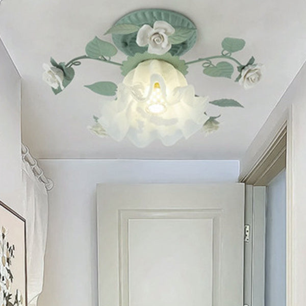 Traditional French Bellflower Leaf Iron & Ceramic Glass Shade 1-Light Semi-Flush Mount Ceiling Light for Living Room