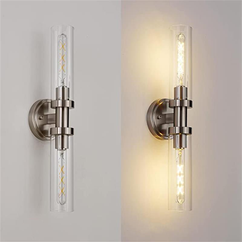 Sleek Modern Minimalist Cylinder Glass Iron Shade 2-Light Vanity Wall Sconce Lamp for Bathroom