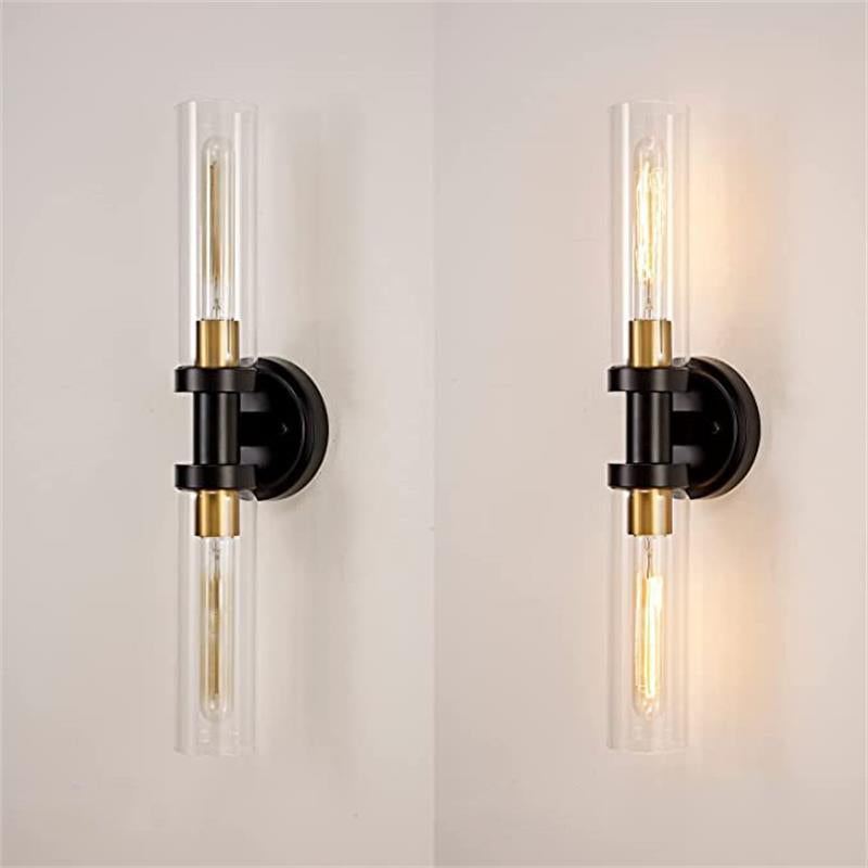 Sleek Modern Minimalist Cylinder Glass Iron Shade 2-Light Vanity Wall Sconce Lamp for Bathroom