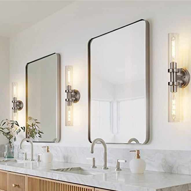 Sleek Modern Minimalist Cylinder Glass Iron Shade 2-Light Vanity Wall Sconce Lamp for Bathroom