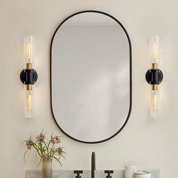 Sleek Modern Minimalist Cylinder Glass Iron Shade 2-Light Vanity Wall Sconce Lamp for Bathroom
