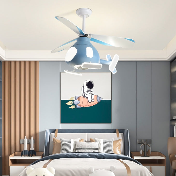 Modern Cartoon Helicopter Ceiling Fan with LED Light for Kids' Bedroom – Iron & Acrylic, Downrod Mount