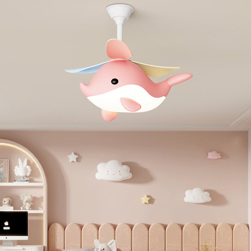 Contemporary Scandinavian Ceiling Fan with Cartoon Whale-Plane Design, Iron Frame, Acrylic Shade, ABS Blades, LED Light, Downrod – Ideal Bedroom Fixture
