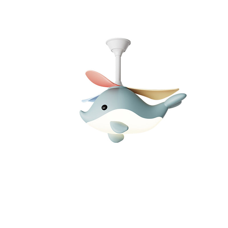 Contemporary Scandinavian Ceiling Fan with Cartoon Whale-Plane Design, Iron Frame, Acrylic Shade, ABS Blades, LED Light, Downrod – Ideal Bedroom Fixture