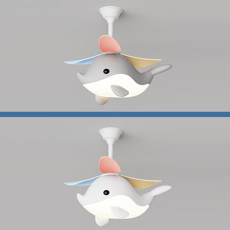 Contemporary Scandinavian Ceiling Fan with Cartoon Whale-Plane Design, Iron Frame, Acrylic Shade, ABS Blades, LED Light, Downrod – Ideal Bedroom Fixture