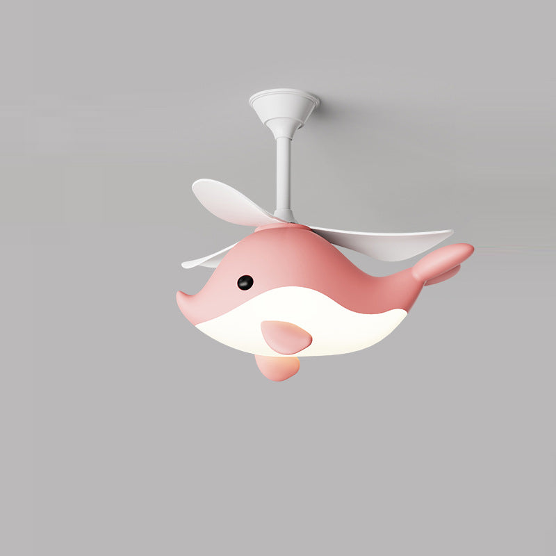 Contemporary Scandinavian Ceiling Fan with Cartoon Whale-Plane Design, Iron Frame, Acrylic Shade, ABS Blades, LED Light, Downrod – Ideal Bedroom Fixture