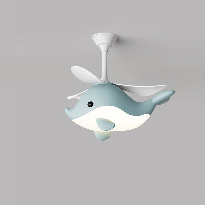 Contemporary Scandinavian Ceiling Fan with Cartoon Whale-Plane Design, Iron Frame, Acrylic Shade, ABS Blades, LED Light, Downrod – Ideal Bedroom Fixture