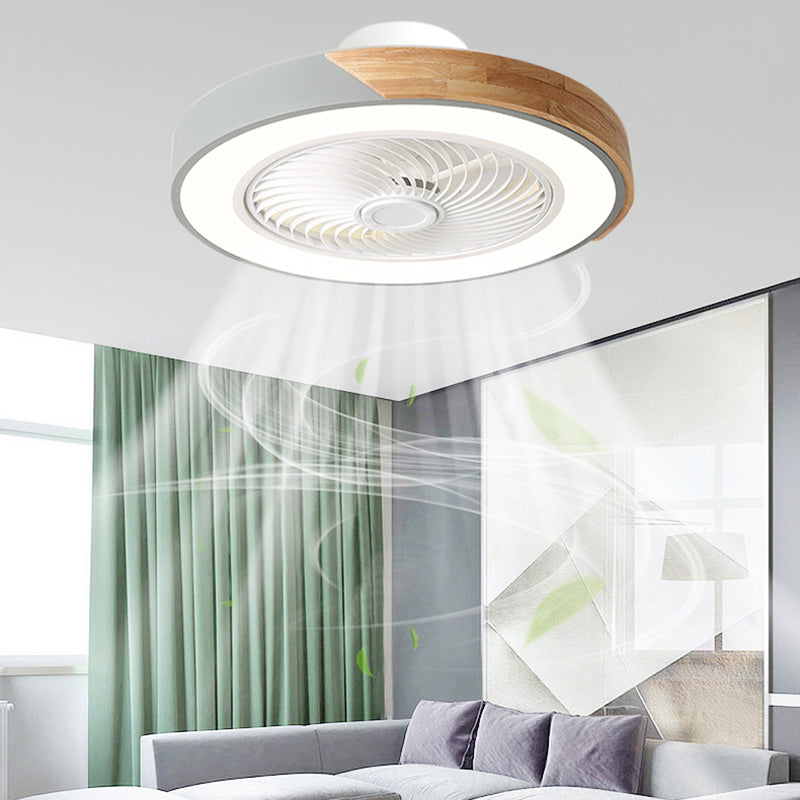 Contemporary Scandinavian Round Iron & Solid Wood LED Ceiling Fan Light - Silent Semi-Flush Mount for Bedroom