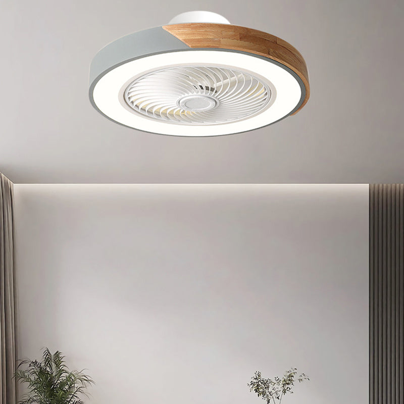 Contemporary Scandinavian Round Iron & Solid Wood LED Ceiling Fan Light - Silent Semi-Flush Mount for Bedroom