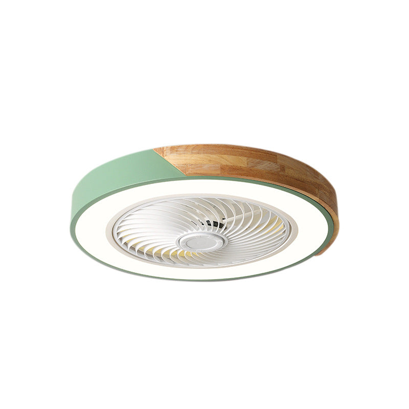 Contemporary Scandinavian Round Iron & Solid Wood LED Ceiling Fan Light - Silent Semi-Flush Mount for Bedroom