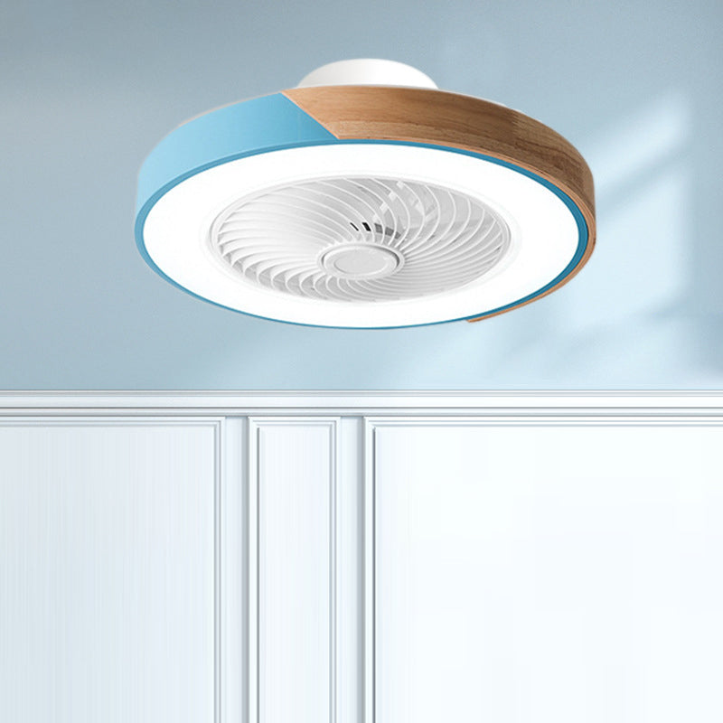 Contemporary Scandinavian Round Iron & Solid Wood LED Ceiling Fan Light - Silent Semi-Flush Mount for Bedroom