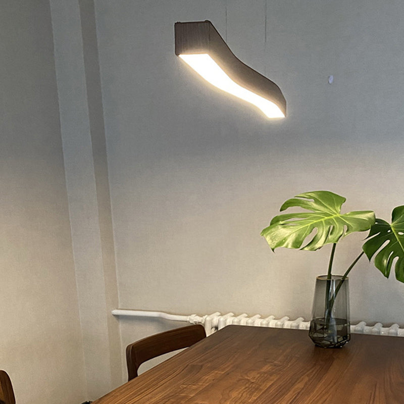 Sleek Modern Minimalist Rectangular Linear Wood-Grain Iron LED Chandelier for Dining Room