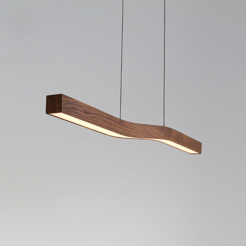 Sleek Modern Minimalist Rectangular Linear Wood-Grain Iron LED Chandelier for Dining Room
