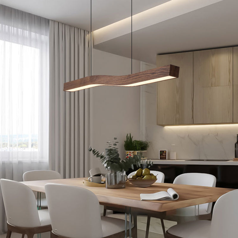 Sleek Modern Minimalist Rectangular Linear Wood-Grain Iron LED Chandelier for Dining Room