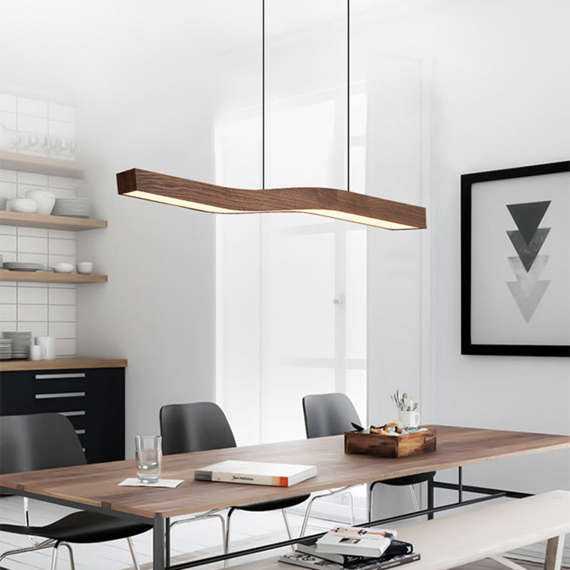 Sleek Modern Minimalist Rectangular Linear Wood-Grain Iron LED Chandelier for Dining Room