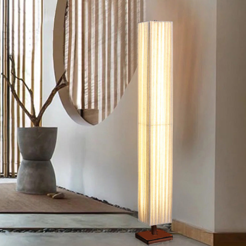 Traditional Japanese-Style Walnut Wood Floor Lamp with Rectangular Column and Fabric Shade — LED Living Room Standing Lamp