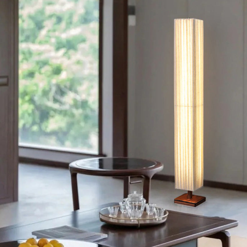 Traditional Japanese-Style Walnut Wood Floor Lamp with Rectangular Column and Fabric Shade — LED Living Room Standing Lamp