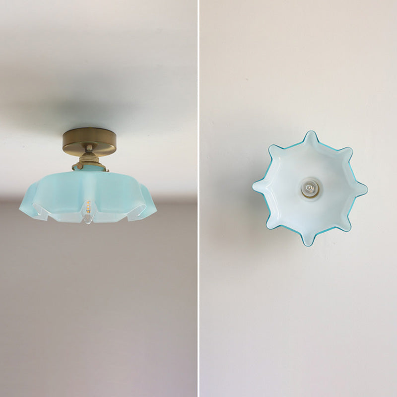 Elegant Traditional French-Style Brass Glass Iron Round 1-Light Semi-Flush Mount Hallway Ceiling Light