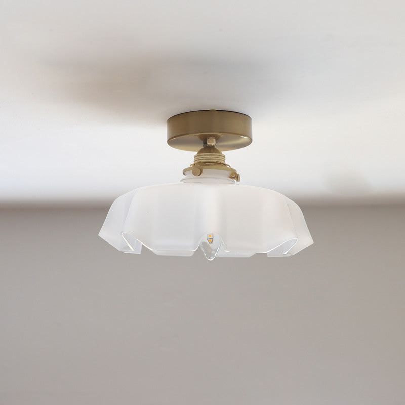 Elegant Traditional French-Style Brass Glass Iron Round 1-Light Semi-Flush Mount Hallway Ceiling Light