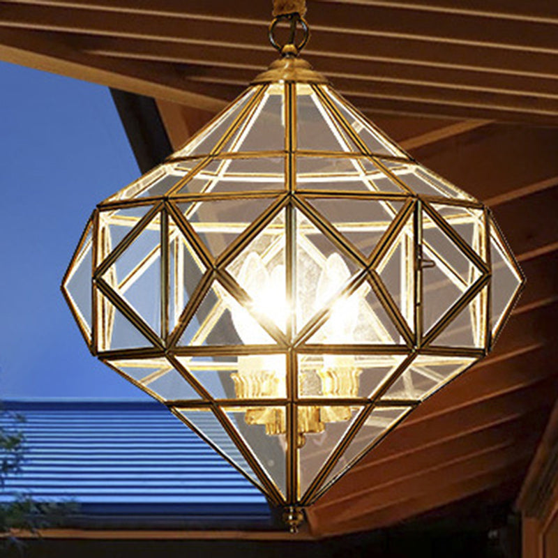 Modern Mid-Century Waterproof Copper Glass Cage Chandelier – Rhombic Cylinder, 1/3/4-Light Options for Outdoor Patio