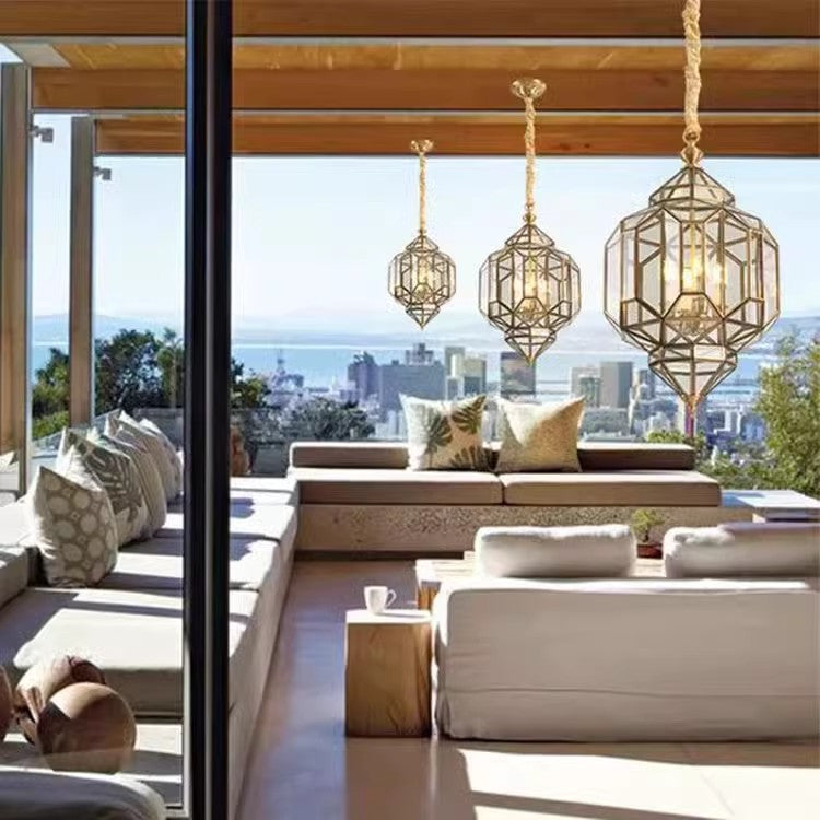 Modern Mid-Century Waterproof Copper Glass Cage Chandelier – Rhombic Cylinder, 1/3/4-Light Options for Outdoor Patio